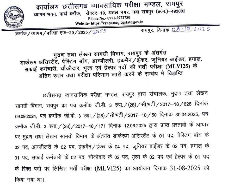 मुद्रण तथा लेखन सामग्री विभाग, रायपुर: MLVI25 भर्ती परीक्षा के अंतिम उत्तर और परिणाम जारी